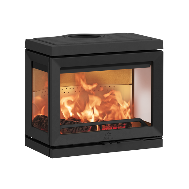 Ketinė krosnelė JØTUL F 520 LB BP, pastatoma, su trimis stiklais, juodos spalvos