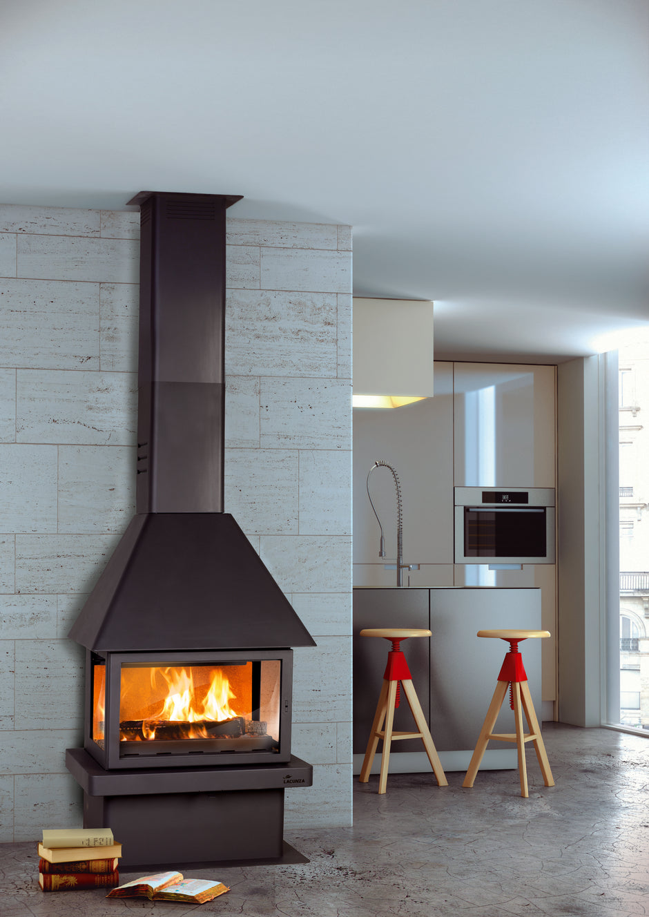Lacunza CM 300, steel, wood-burning fireplace, black, with side glass and finished steel finish