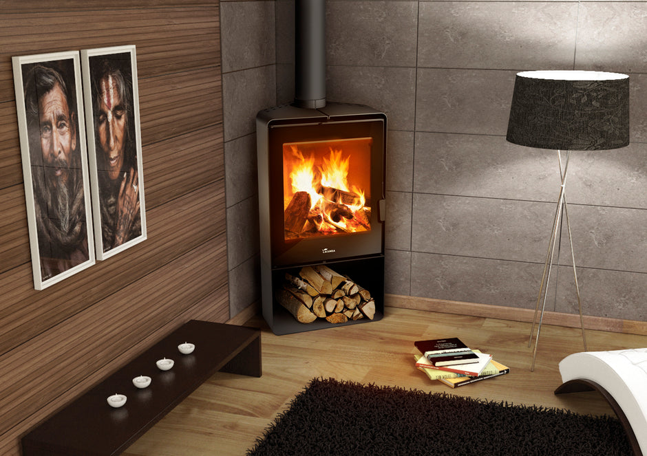 Lacunza ATLANTIC 613R, steel, wood-burning stove, black, corner, with wood storage