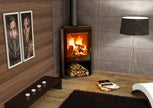 Lacunza ATLANTIC 613R, steel, wood-burning stove, black, corner, with wood storage