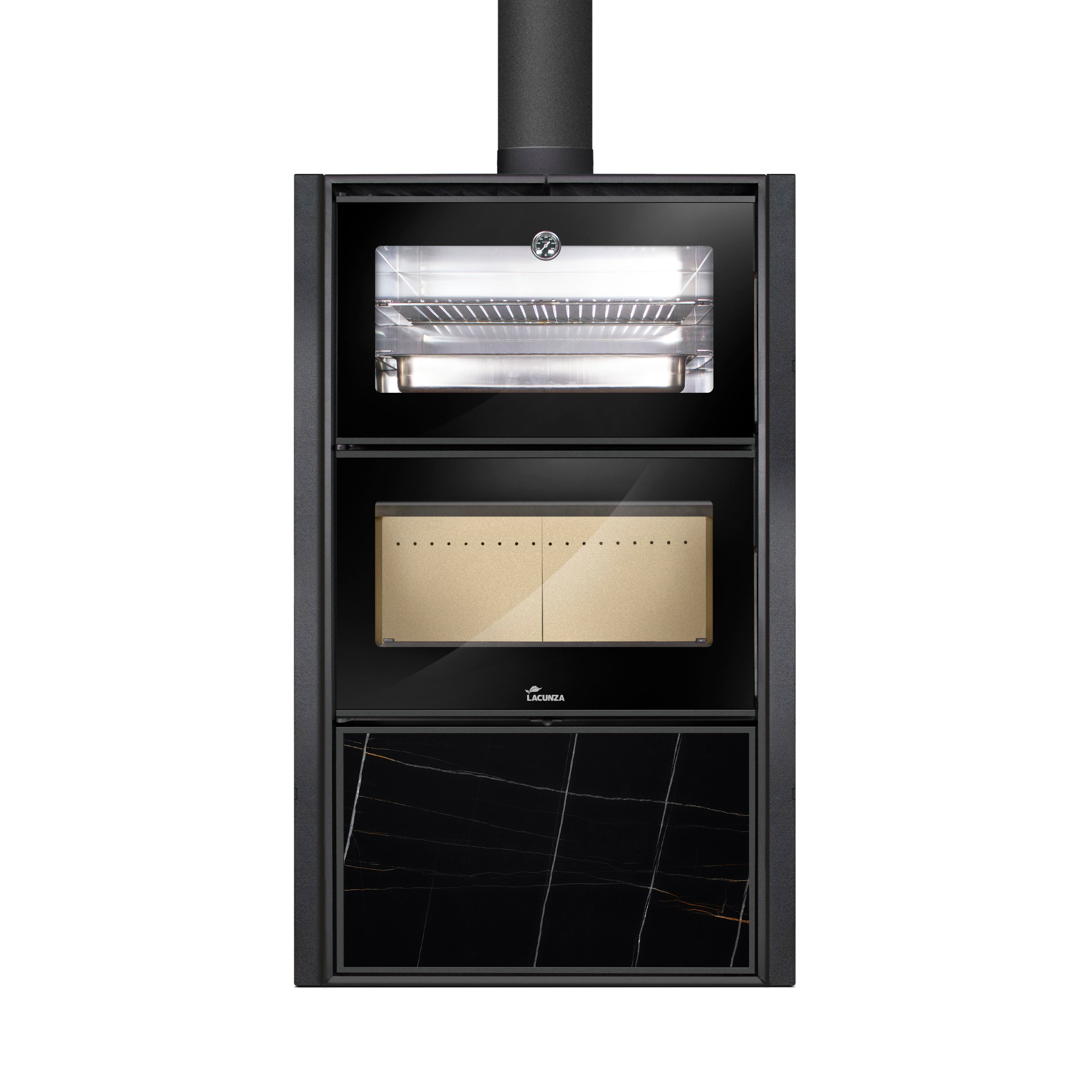 Lacunza Bergen - N, plieninė, malkinė krosnelė, su keramine apdaila ir integruotu stalčiumi