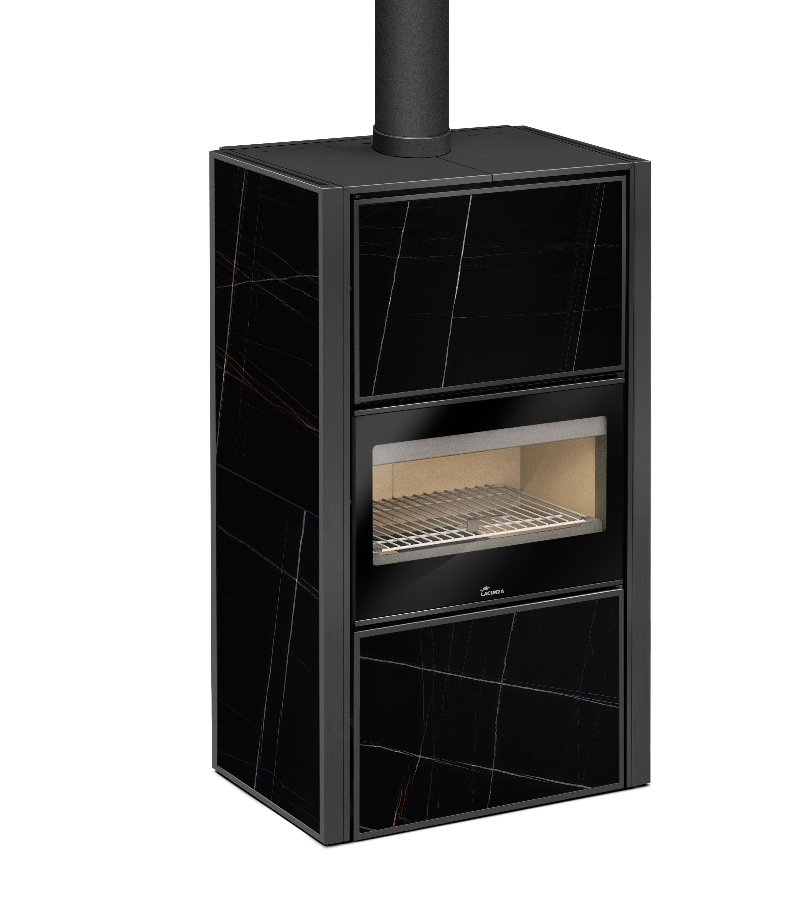 Lacunza Bergen - N, plieninė, malkinė krosnelė, su keramine apdaila ir integruotu stalčiumi