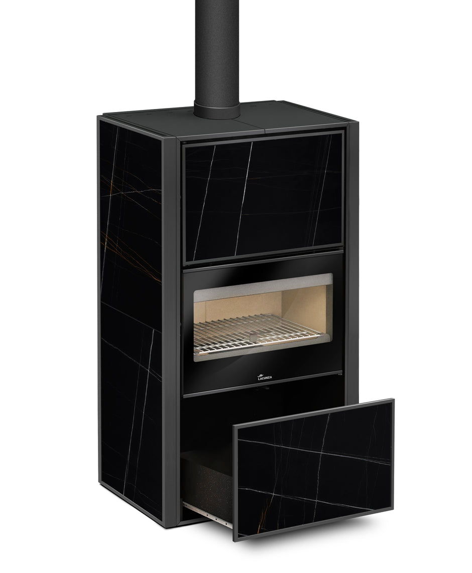 Lacunza Bergen - N, plieninė, malkinė krosnelė, su keramine apdaila ir integruotu stalčiumi