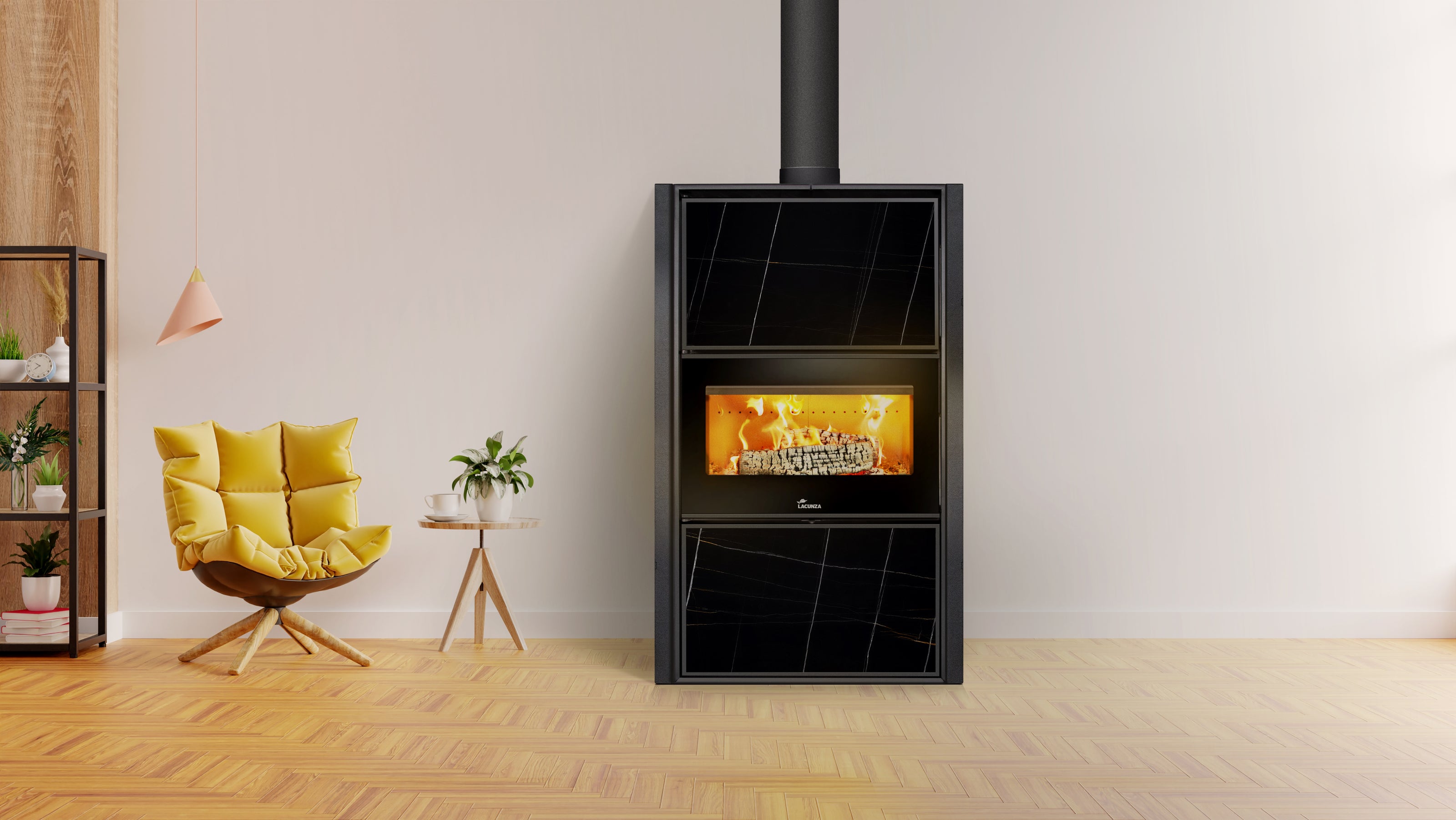 Lacunza Bergen - N, plieninė, malkinė krosnelė, su keramine apdaila ir integruotu stalčiumi