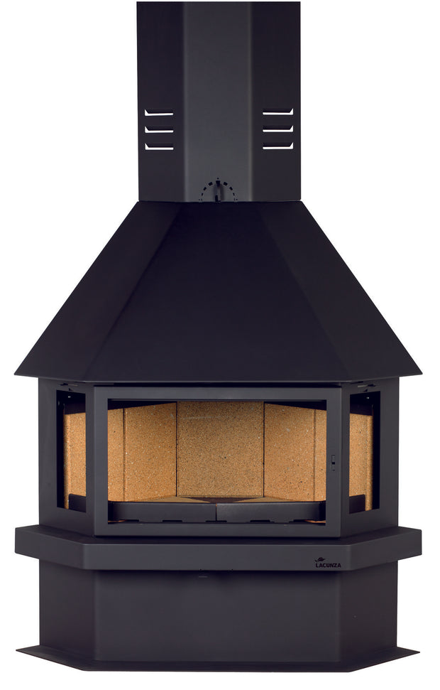 Plieninis židinys Lacunza CM 300 R, juodos spalvos, su šoniniais stiklais, kampinis
