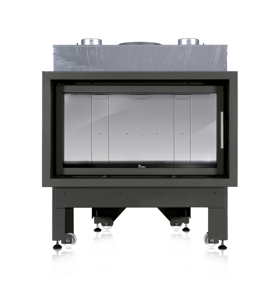 Lacunza INCA 100 – malkinis plieninis židinys tiesiu stiklu su dvigubu degimu ir moderniu dizainu