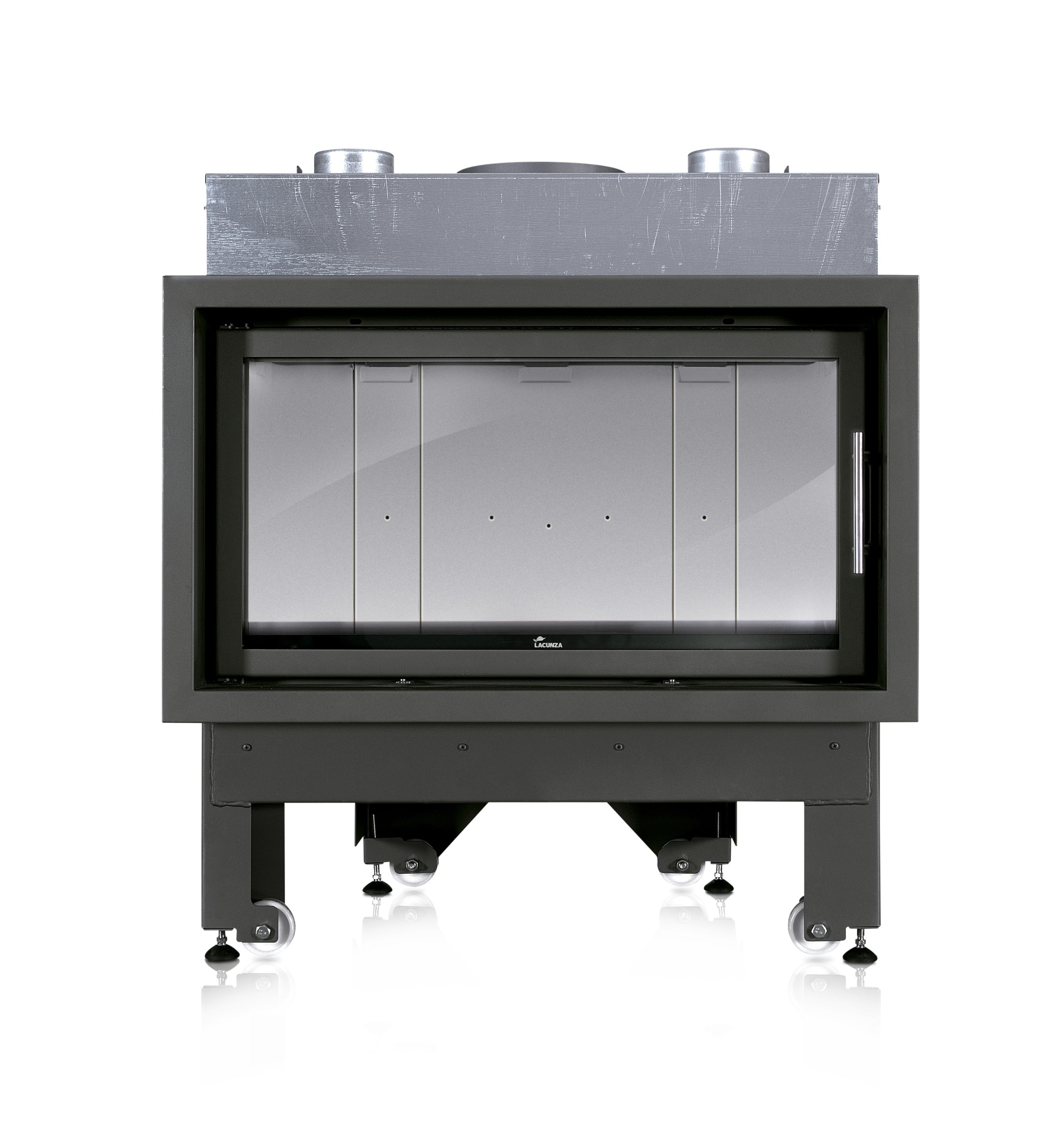 Lacunza INCA 100 – malkinis plieninis židinys tiesiu stiklu su dvigubu degimu ir moderniu dizainu