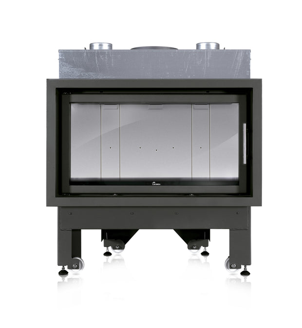 Lacunza INCA 100 – malkinis plieninis židinys tiesiu stiklu su dvigubu degimu ir moderniu dizainu