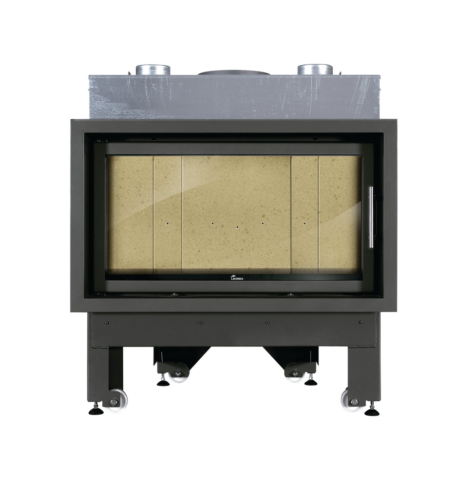 Lacunza INCA 100 – malkinis plieninis židinys tiesiu stiklu su dvigubu degimu ir moderniu dizainu