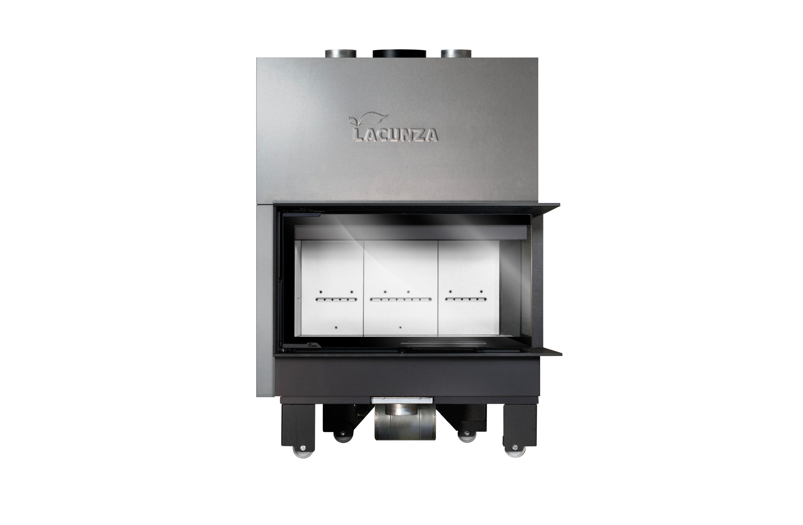 Lacunza IZARO 100 CLD B – malkinis plieninis židinys su kampiniu stiklu ir balta degimo kamera