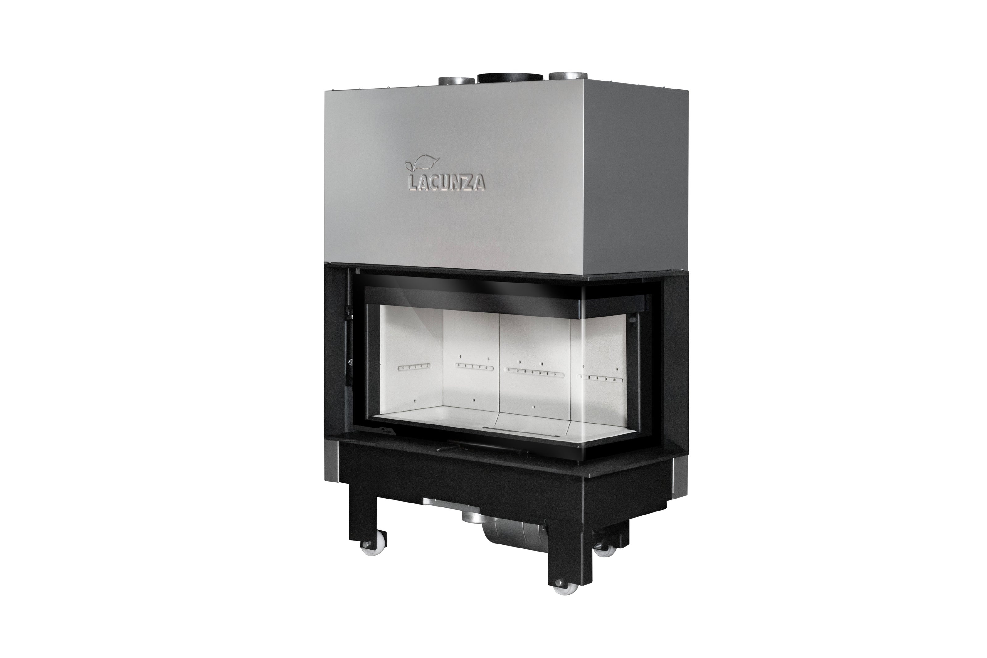 Lacunza IZARO 100 CLD B – malkinis plieninis židinys su kampiniu stiklu ir balta degimo kamera