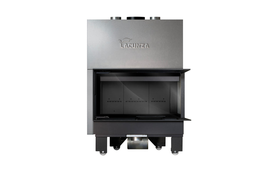 Plieninis židinys LACUNZA IZARO 100 CLD N, juodos spalvos, su kampiniu stiklu ir juodu vermikulitu