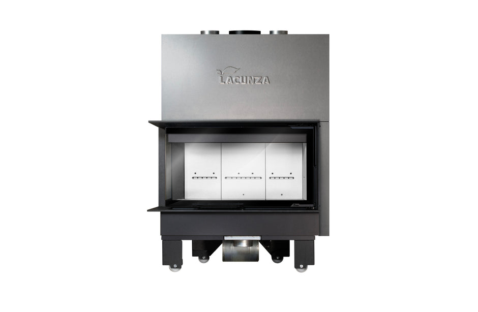 Lacunza IZARO 100 CLI B – malkinis plieninis židinys su kampiniu stiklu ir balta degimo kamera