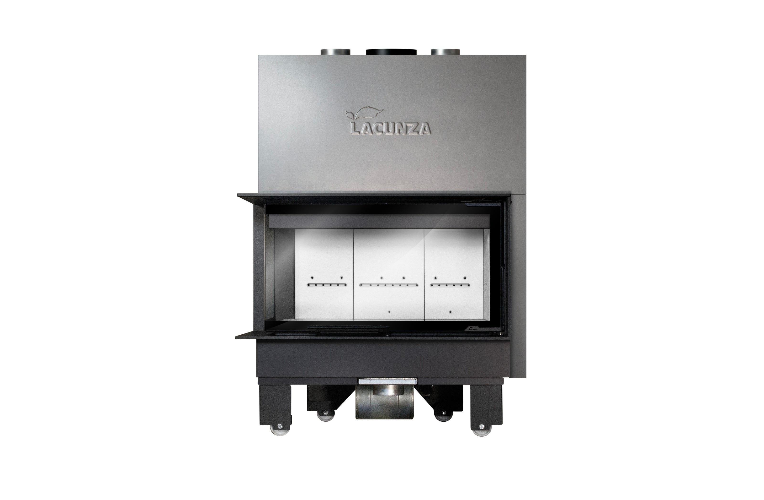 Lacunza IZARO 100 CLI B – malkinis plieninis židinys su kampiniu stiklu ir balta degimo kamera