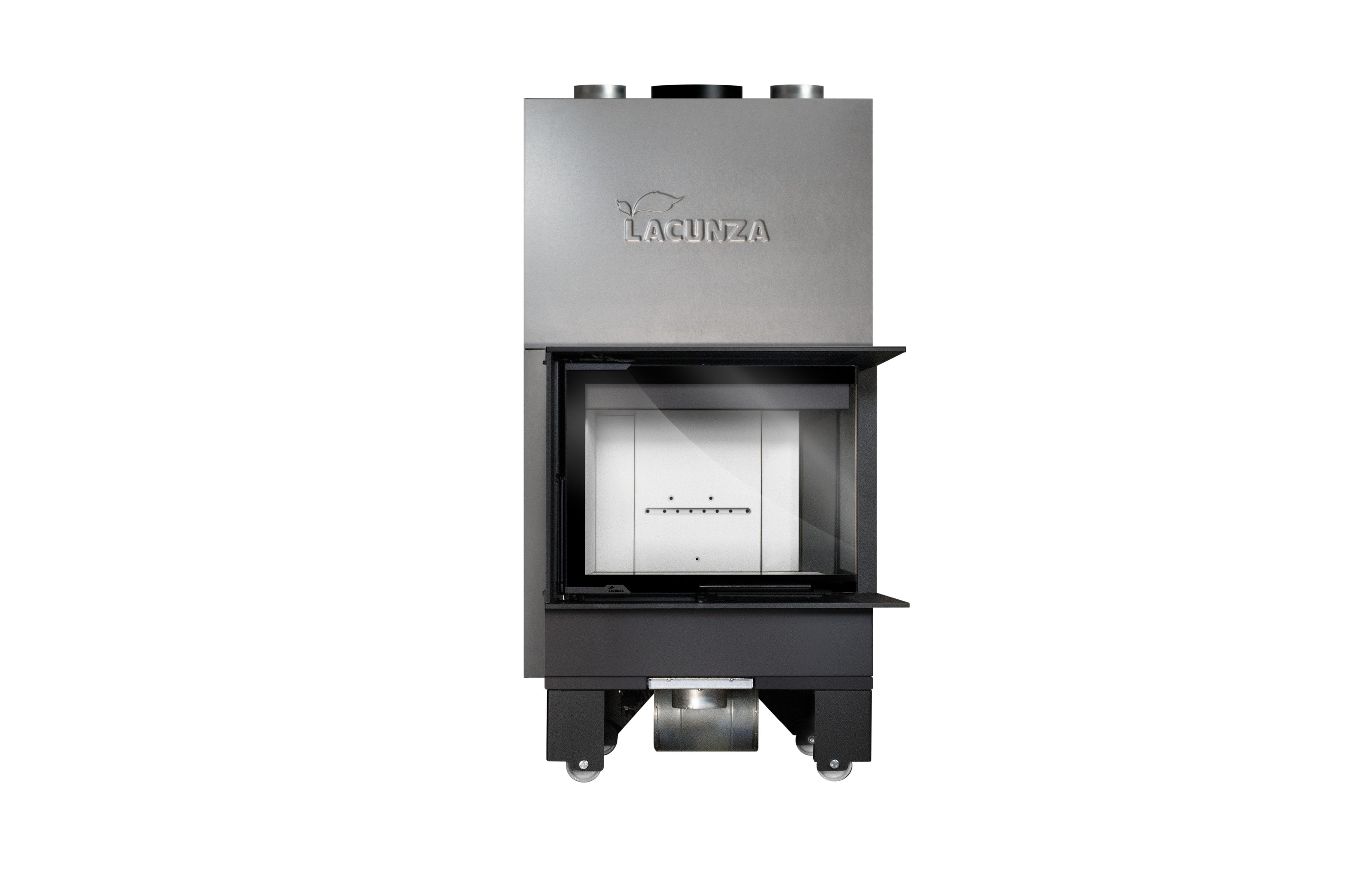 Lacunza IZARO 60 CLD B – malkinis plieninis židinys su kampiniu stiklu ir balta degimo kamera
