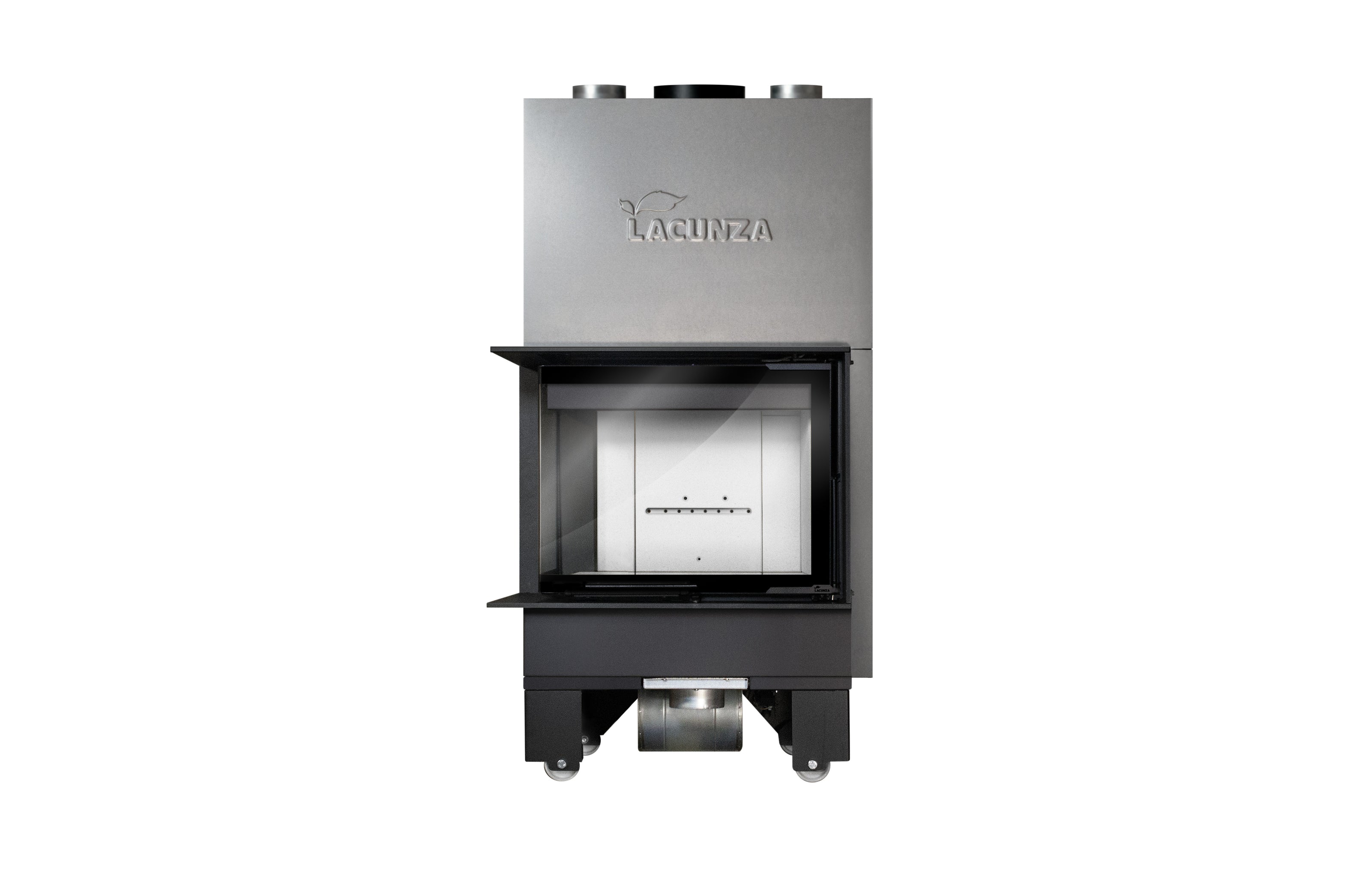 Lacunza IZARO 60 CLI B – malkinis plieninis židinys su kampiniu stiklu ir balta degimo kamera