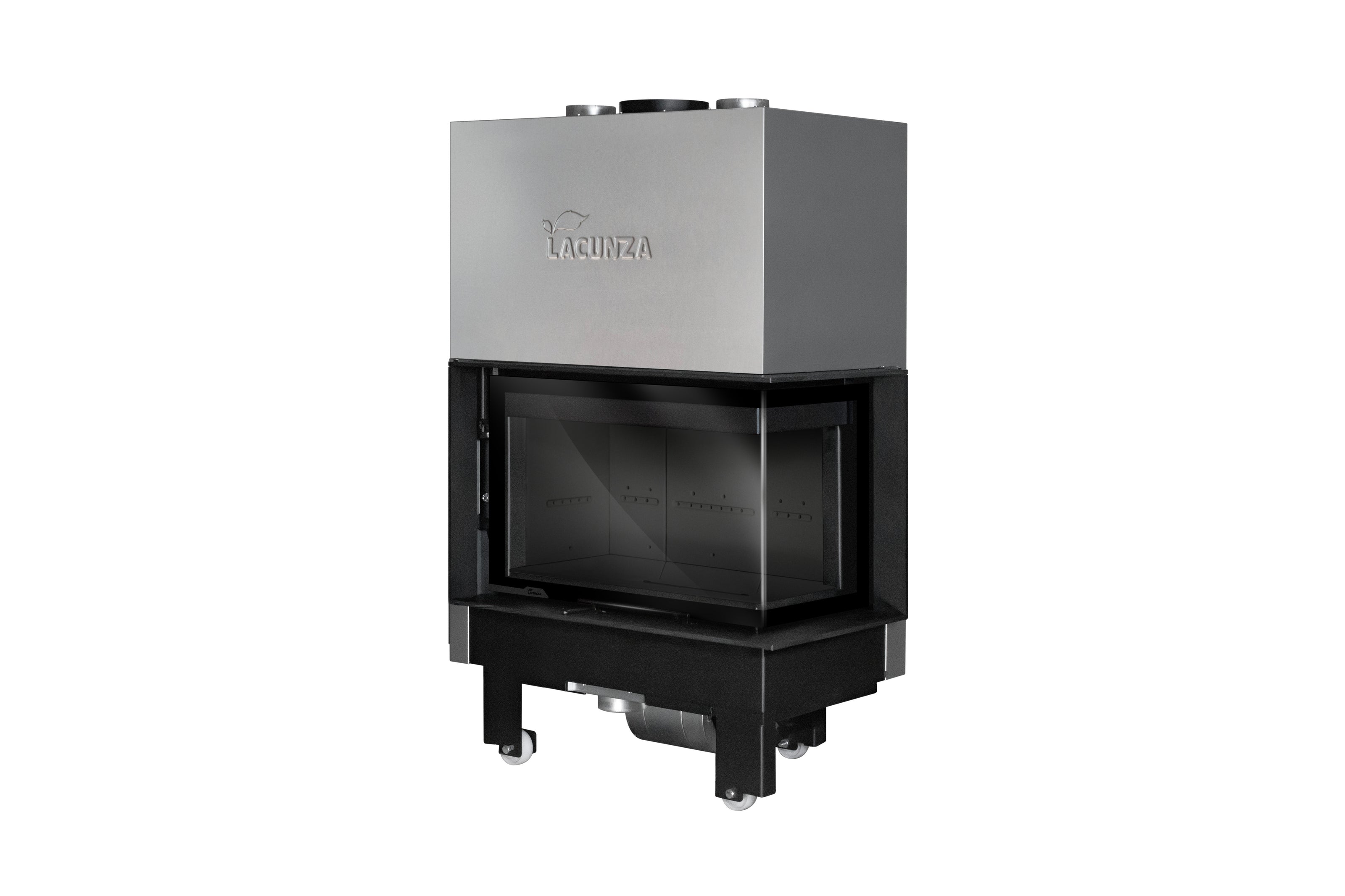 Plieninis židinys LACUNZA IZARO 80 CLD N, juodos spalvos, su kampiniu stiklu ir juodu vermikulitu