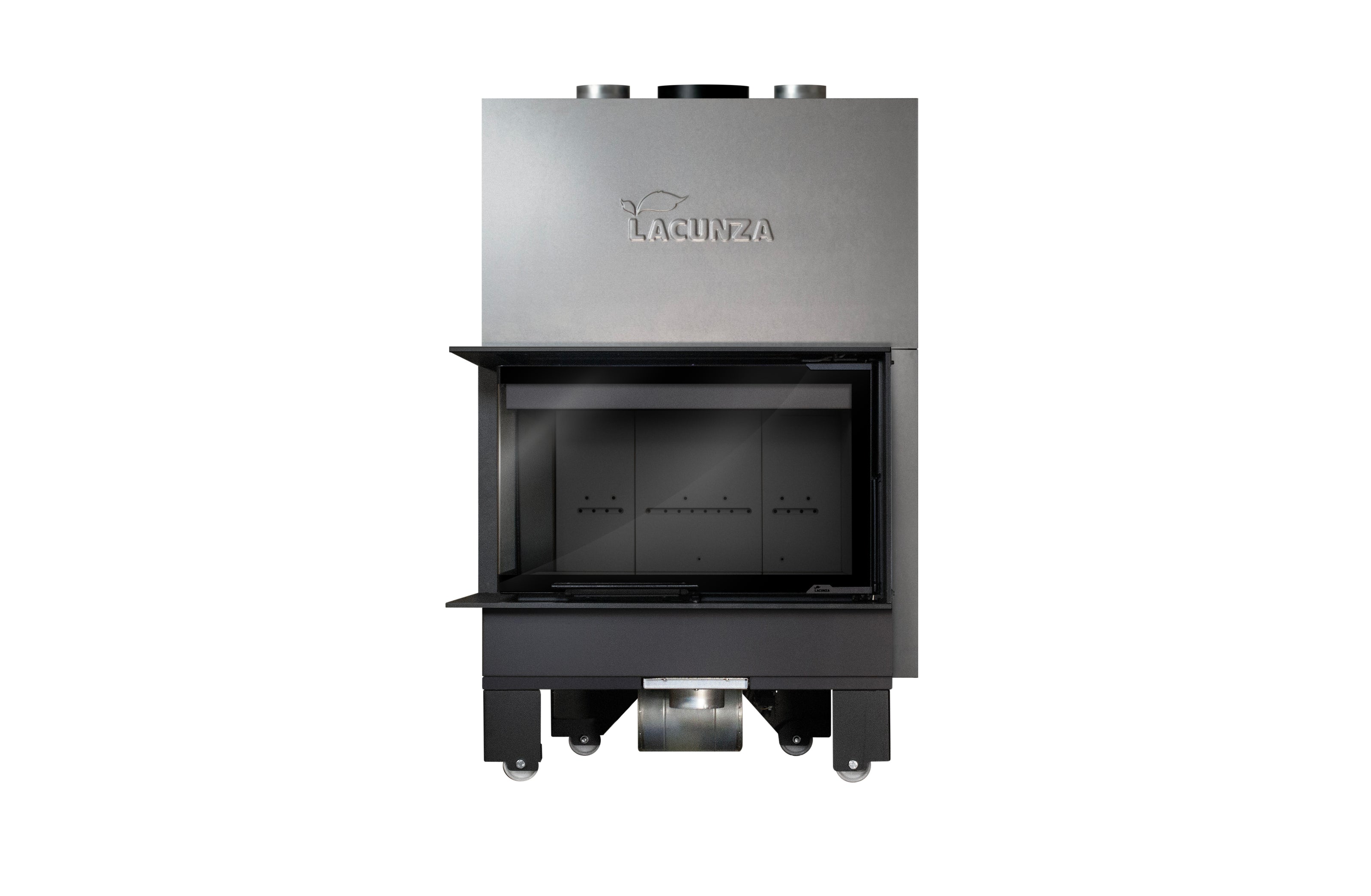 Plieninis židinys LACUNZA IZARO 80 CLI N, juodos spalvos, su kampiniu stiklu ir juodu vermikulitu