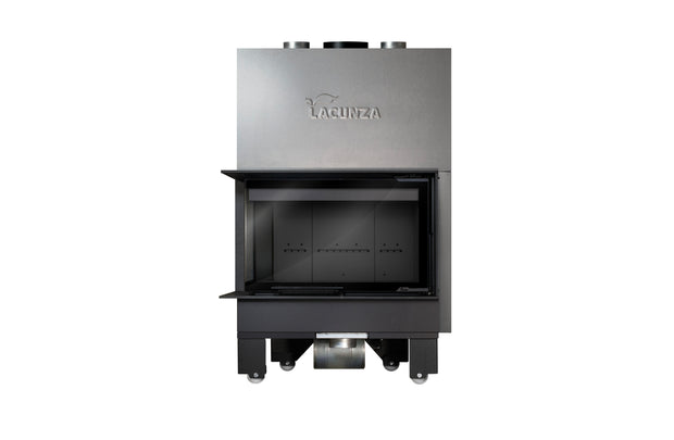 Plieninis židinys LACUNZA IZARO 80 CLI N, juodos spalvos, su kampiniu stiklu ir juodu vermikulitu