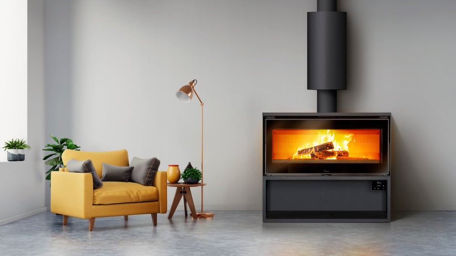 Lacunza PARIS 1000, steel wood-burning stove, black color, straight glass, wood storage