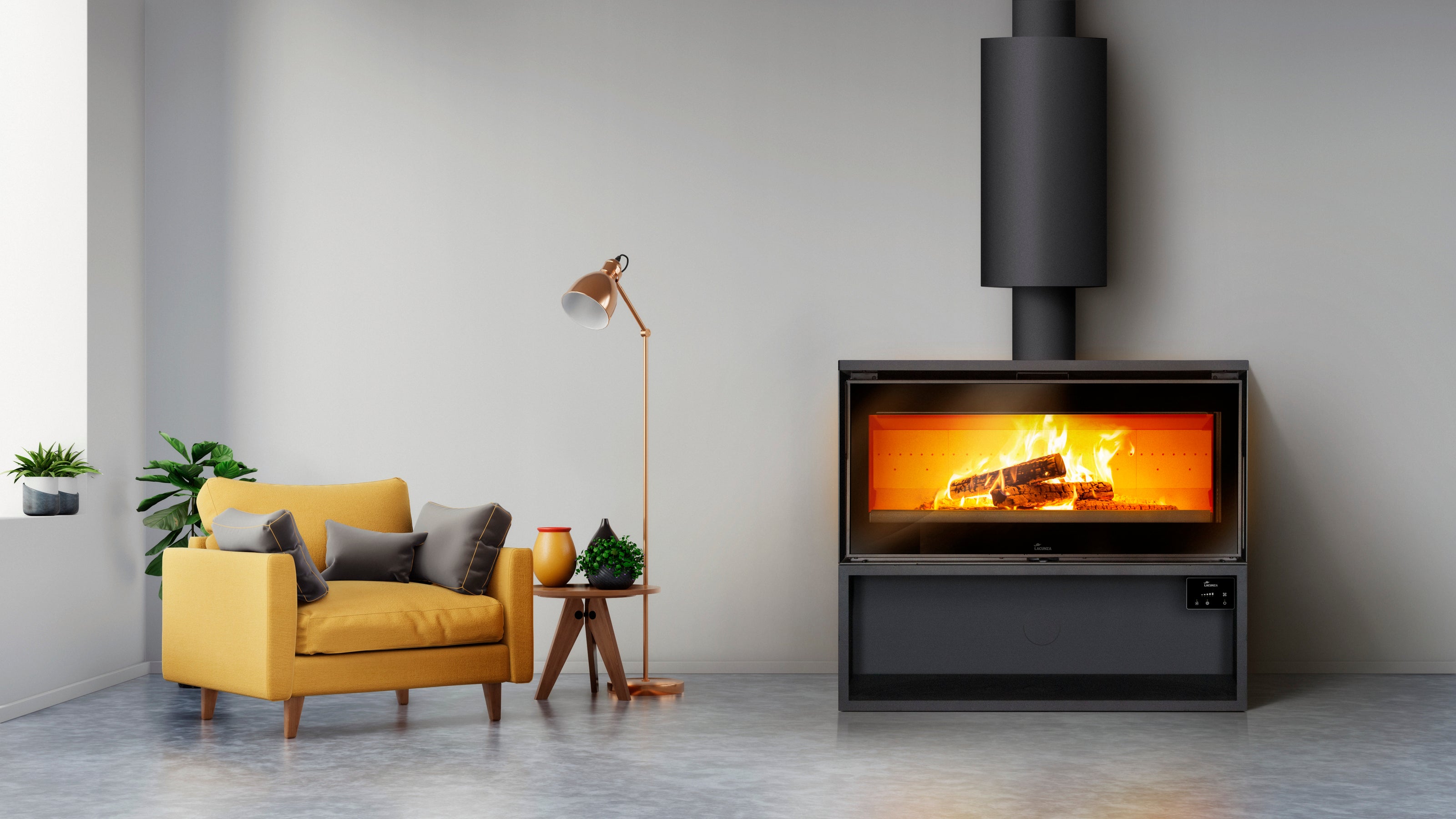 Lacunza PARIS 1000, steel wood-burning stove, black color, straight glass, wood storage