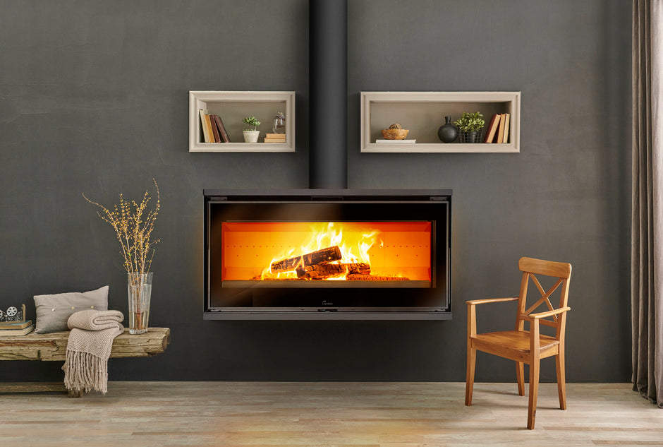 Lacunza PARIS 1000 Mural, steel wood-burning hanging stove, black color, with straight glass
