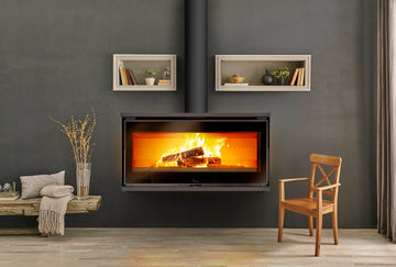 Lacunza PARIS 1000 Mural, steel wood-burning hanging stove, black color, with straight glass