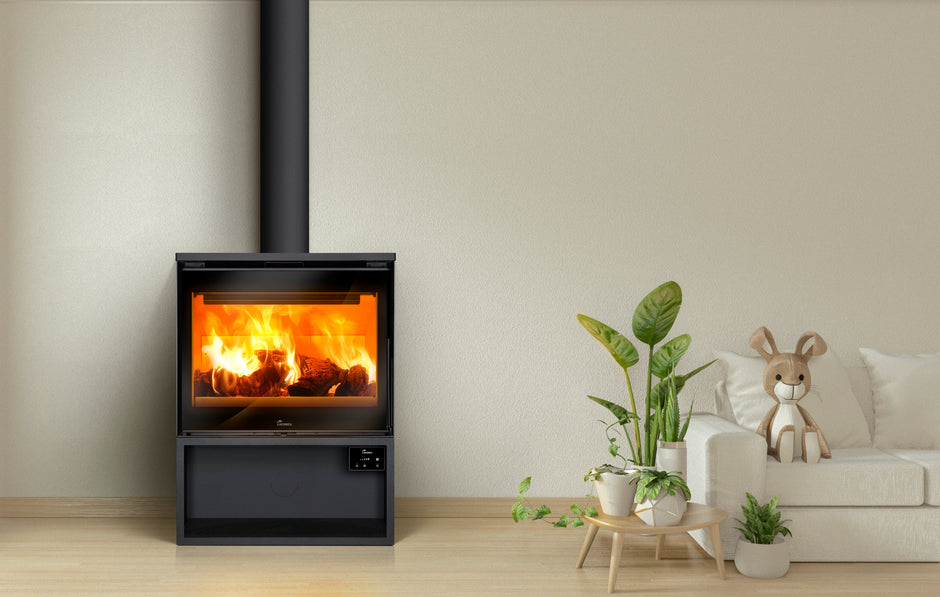 Lakunza ROMA 700, steel, wood-burning stove with wood storage, straight glass and convection air fan, black