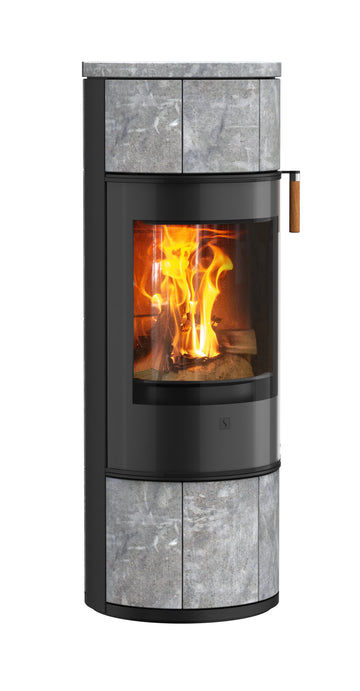 Plieninė krosnelė SCAN 84-5 MODERN SS BP, su muilo akmens apdaila, pajungimas iš galo